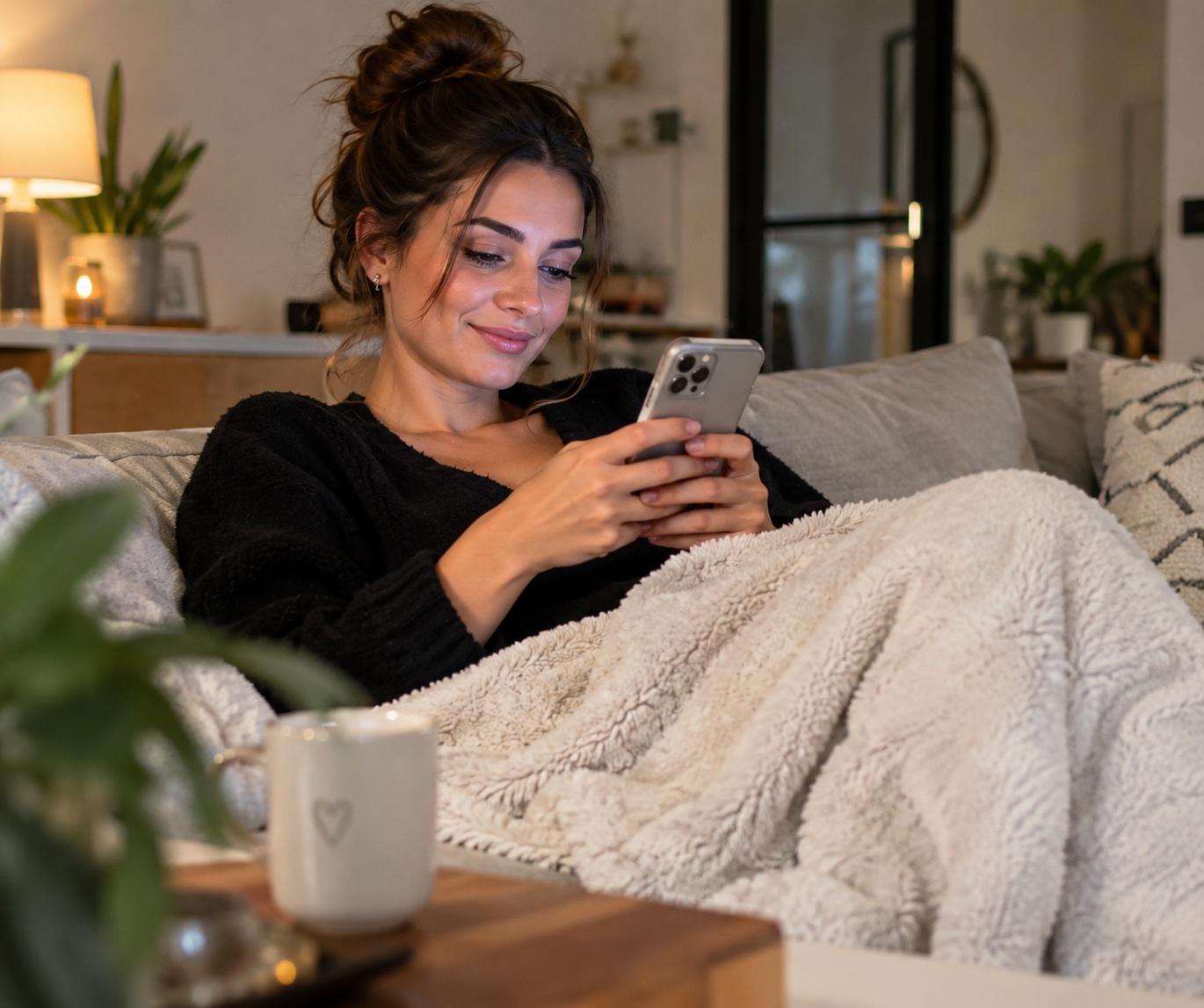 Une assistante consulte son téléphone, installée dans son canapé