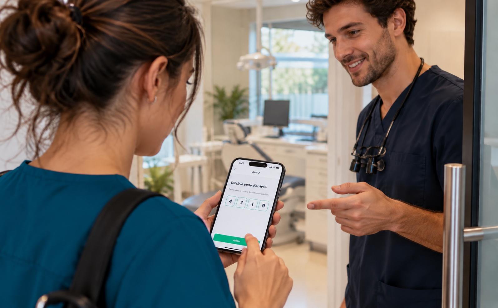 Une assistante saisit sur son téléphone le code d’arrivée que lui donne le dentiste
