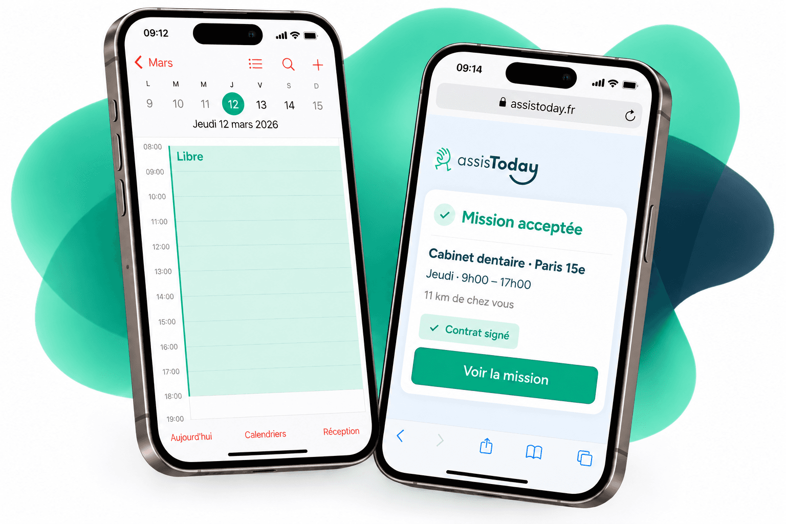Deux iPhones : à gauche le calendrier avec la journée libre, à droite la mission acceptée dans AssisToday