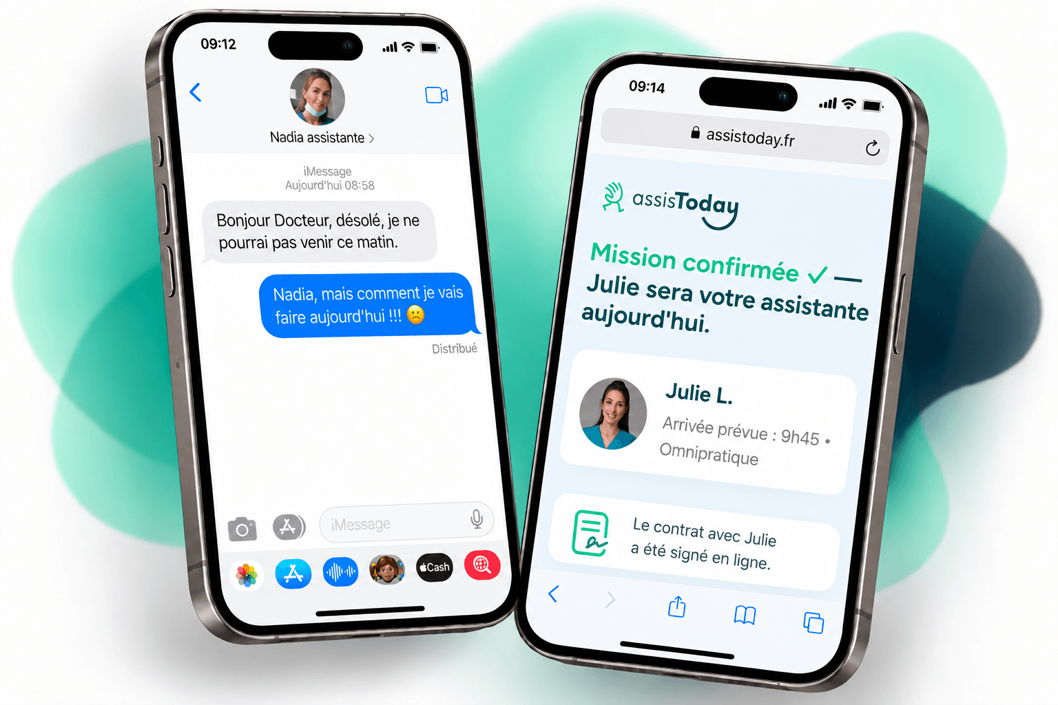 Deux iPhones : à gauche le message de l’assistante absente, à droite la mission confirmée dans AssisToday